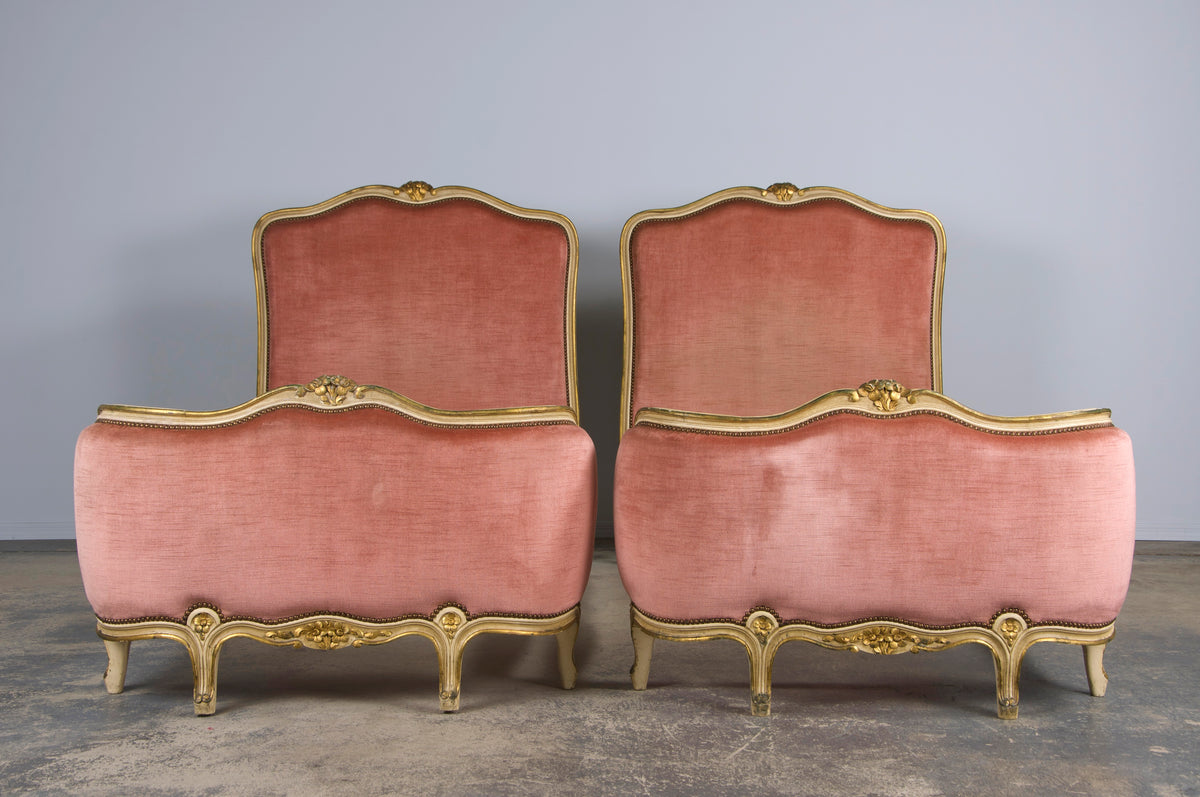 French Louis XV Style Painted Twin Size Bedframes W/ Rose Velvet - A Pair