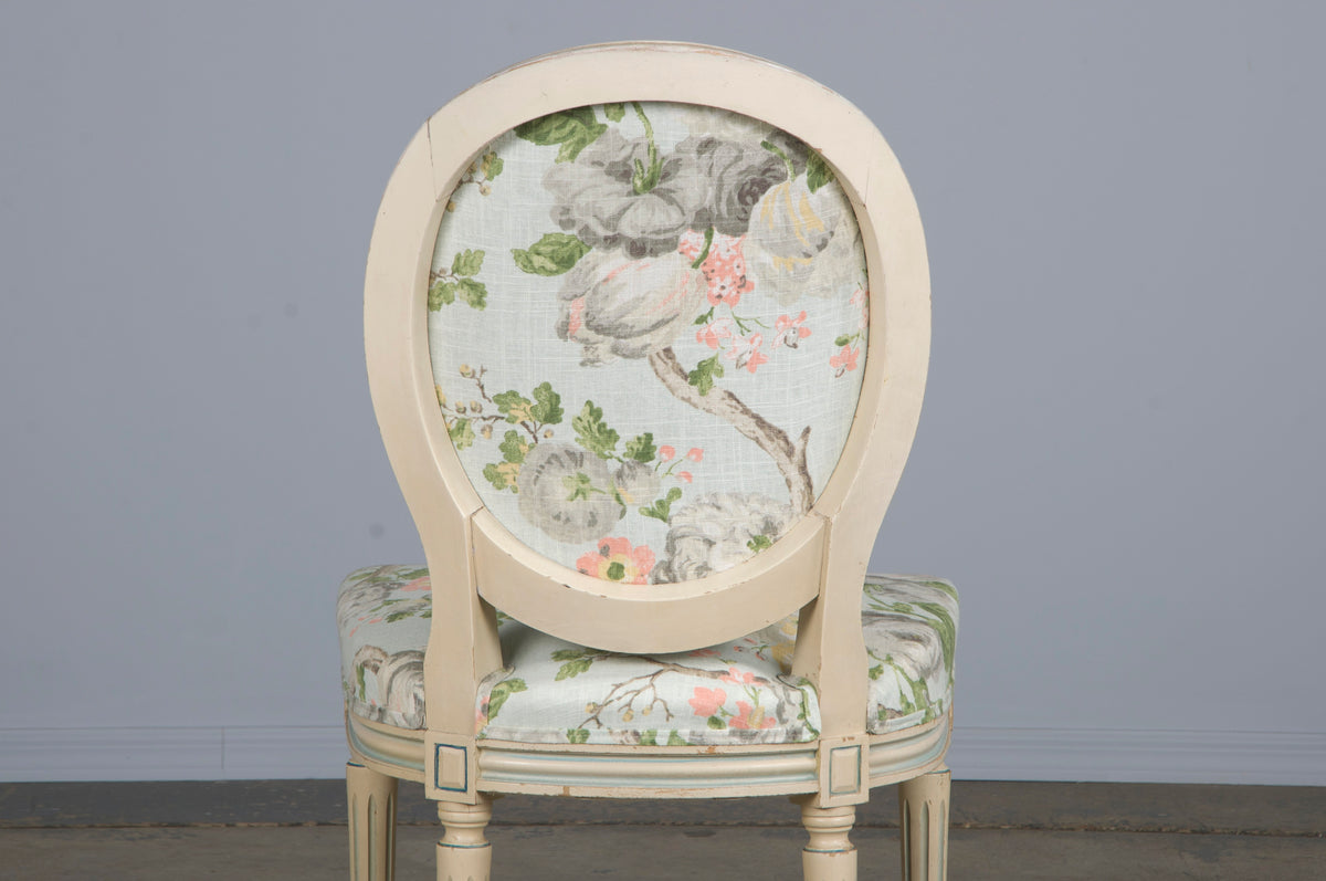 Antique French Louis XVI Style Painted Side Chair W/ Floral Linen