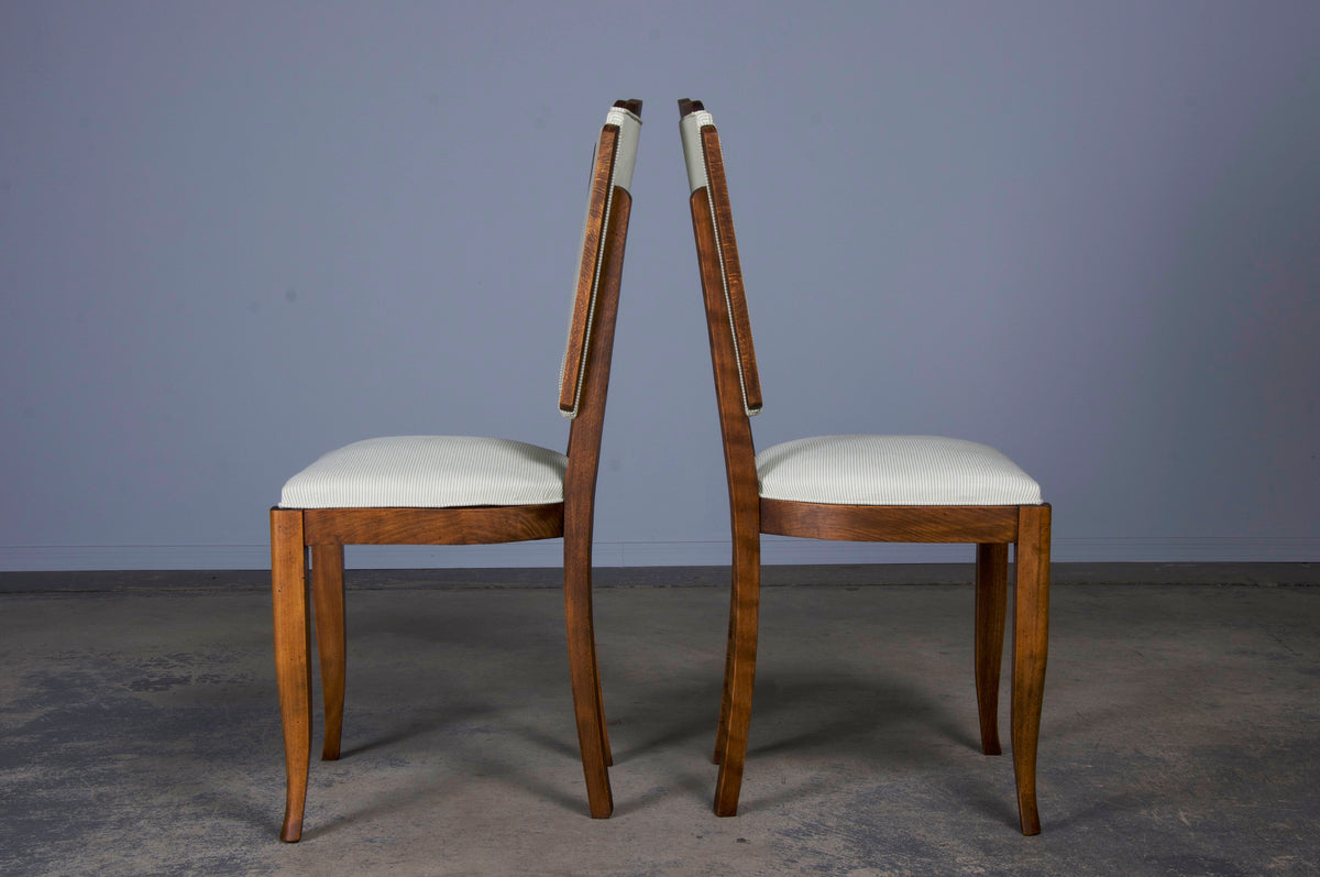 1930s French Art Deco Maple Dining Chairs W/ Striped White and Green Fabric - Set of 6