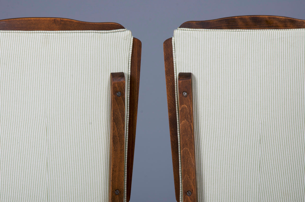 1930s French Art Deco Maple Dining Chairs W/ Striped White and Green Fabric - Set of 6