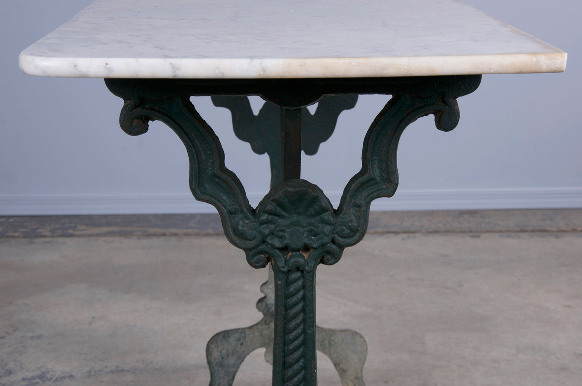 French Bistro Table With Painted Wrought Iron Base and Marble Top