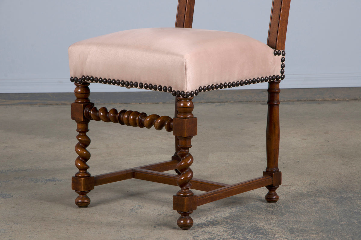 Antique French Louis XIII Style Ladder Back Walnut Dining Chairs W/ Beige Velvet - Set of 8