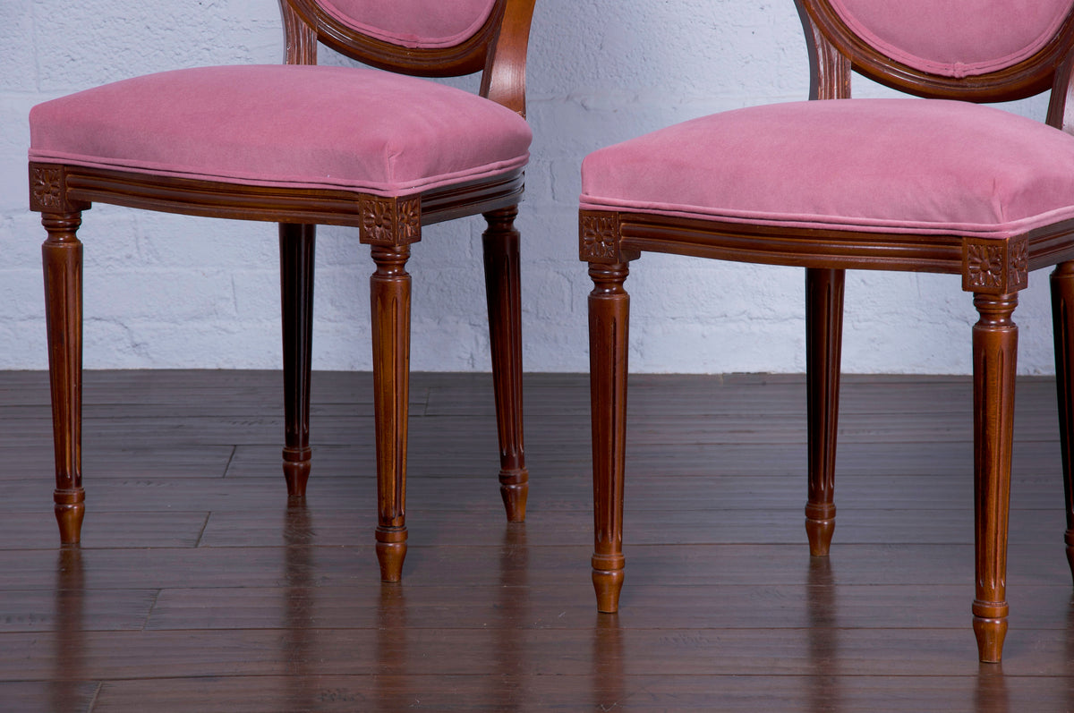 French Louis XVI Style Tiger Maple Dining Chairs W/ Mauve Velvet - Set of 6