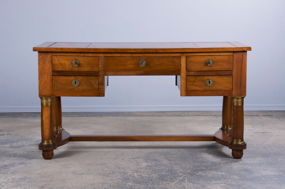 Antique French Empire Style Walnut Writing Desk W/ Brown Leather Top