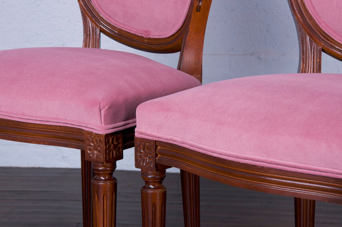 French Louis XVI Style Tiger Maple Dining Chairs W/ Mauve Velvet - Set of 6