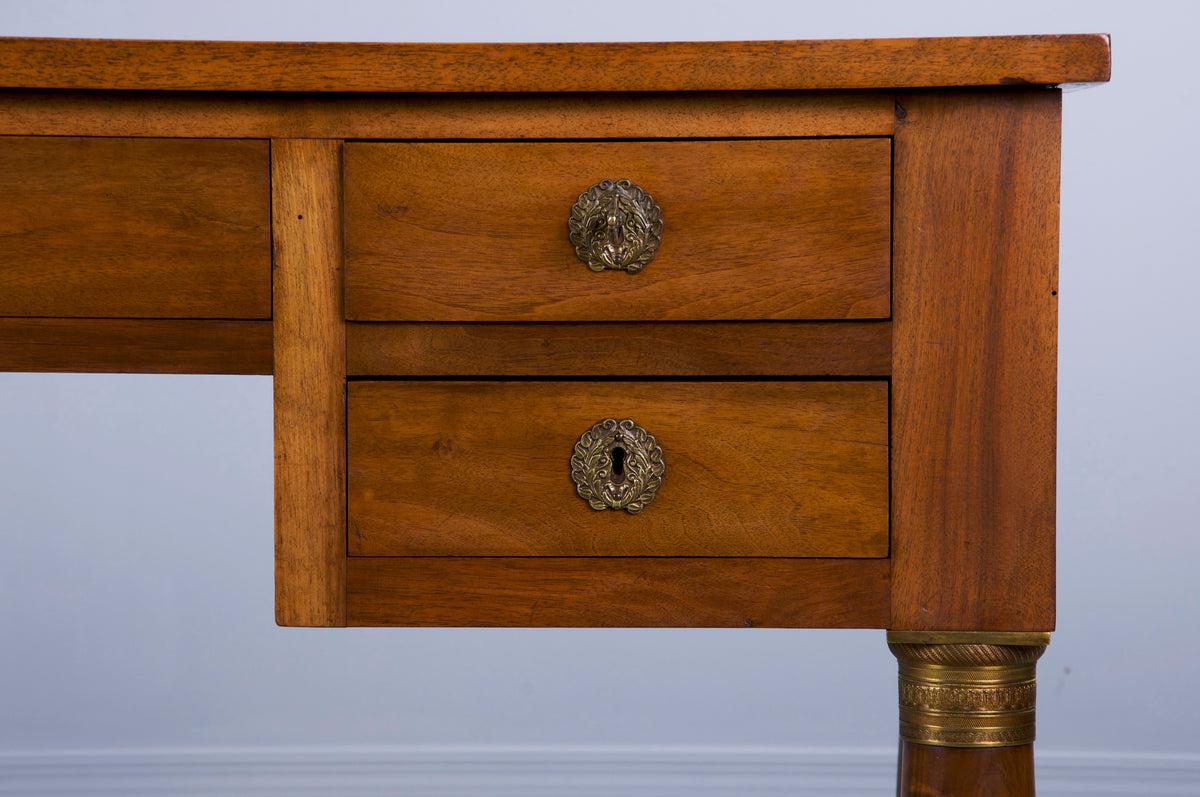 Antique French Empire Style Walnut Writing Desk W/ Brown Leather Top