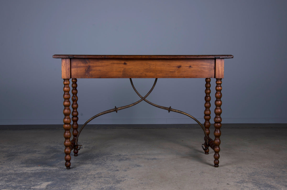 Antique Spanish Baroque Pine Console Table W/ Wrought Iron Stretcher