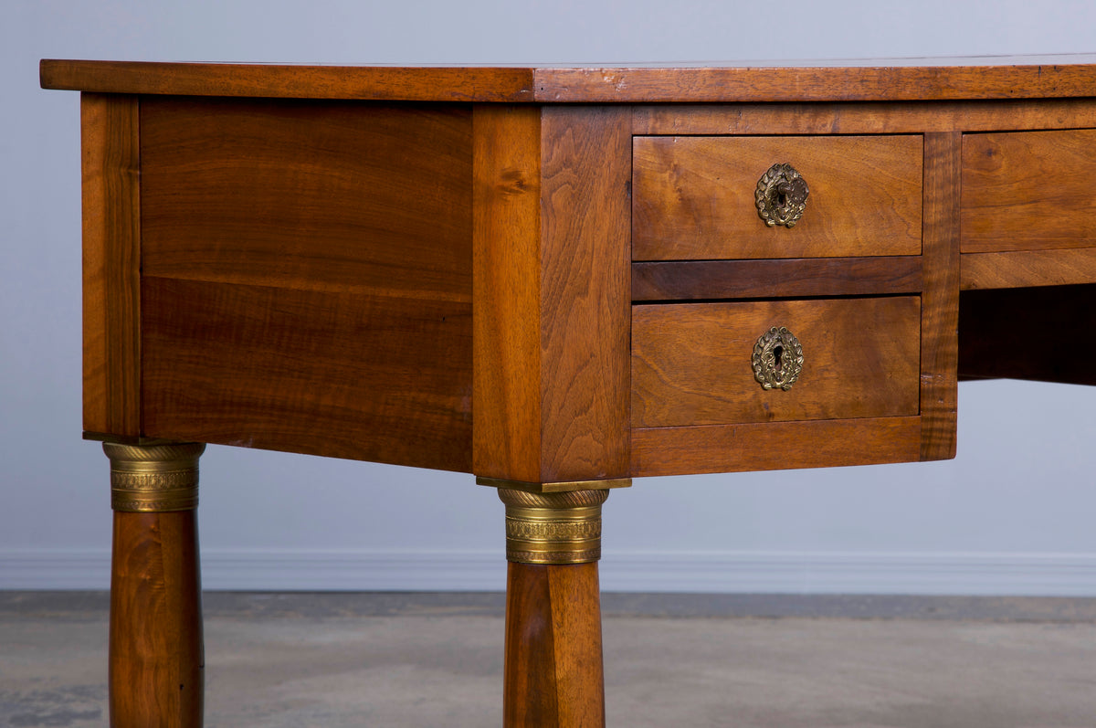 Antique French Empire Style Walnut Writing Desk W/ Brown Leather Top