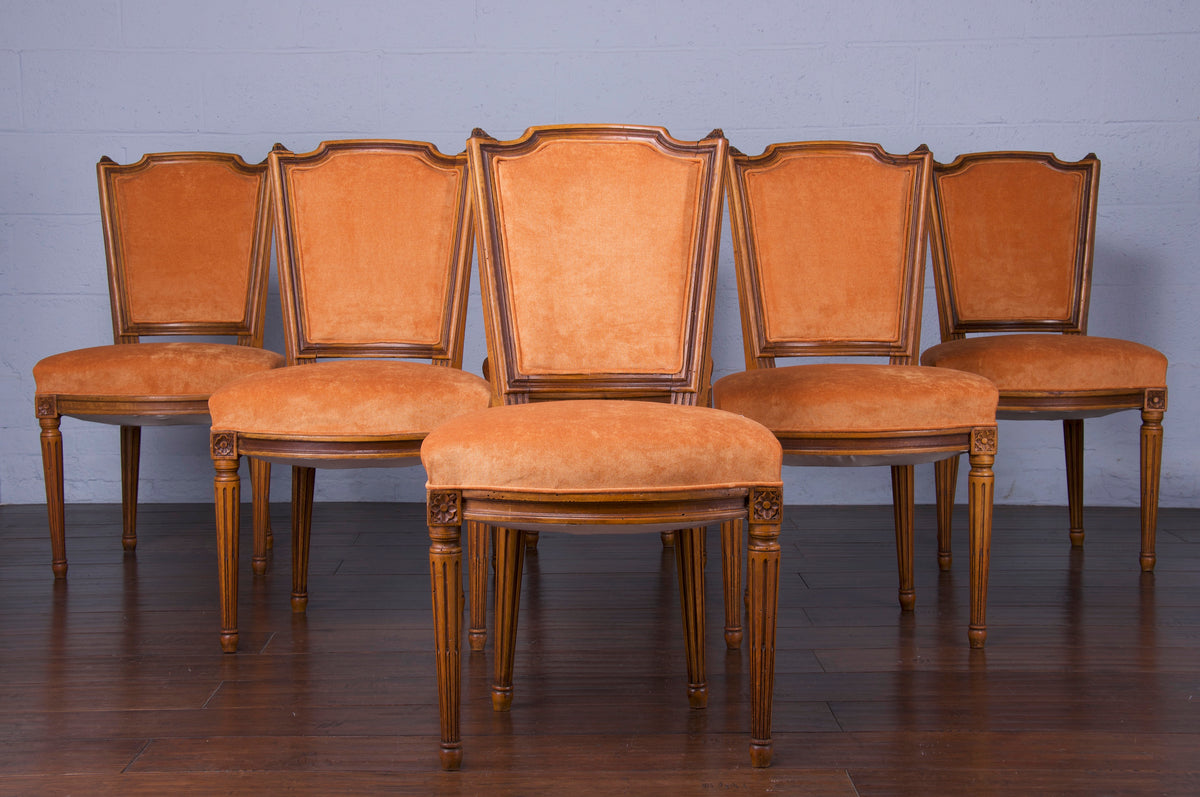 Antique French Louis XVI Style Painted Dining Chairs W/ Copper Velvet - Set of 6
