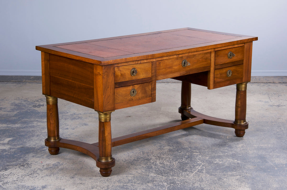 Antique French Empire Style Walnut Writing Desk W/ Brown Leather Top