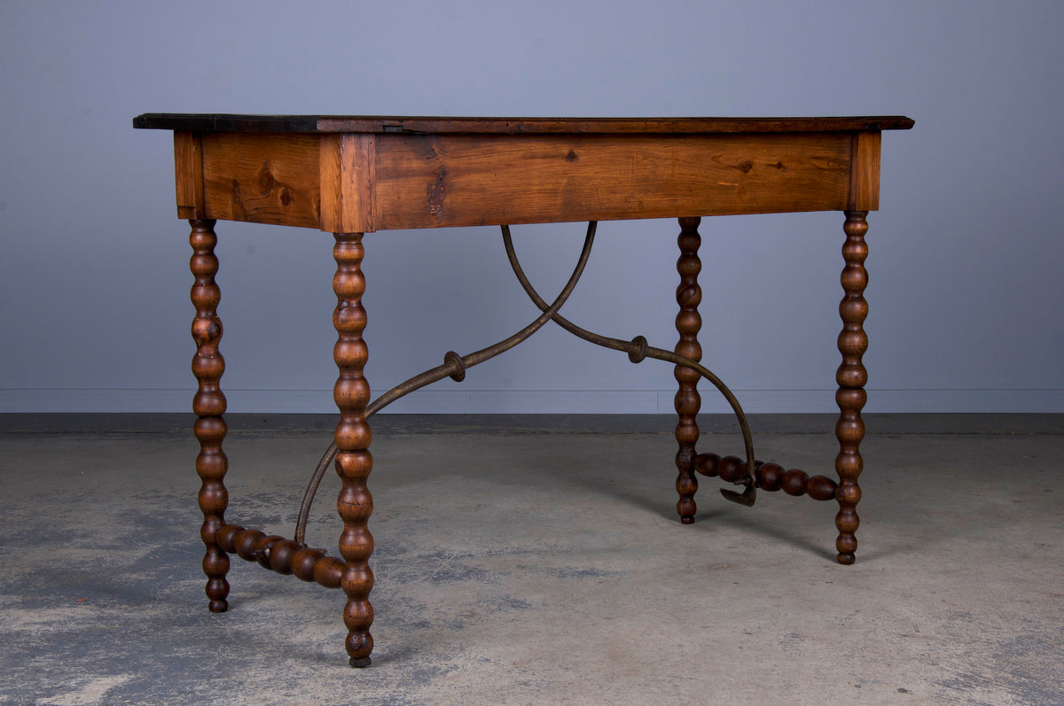 Antique Spanish Baroque Pine Console Table W/ Wrought Iron Stretcher