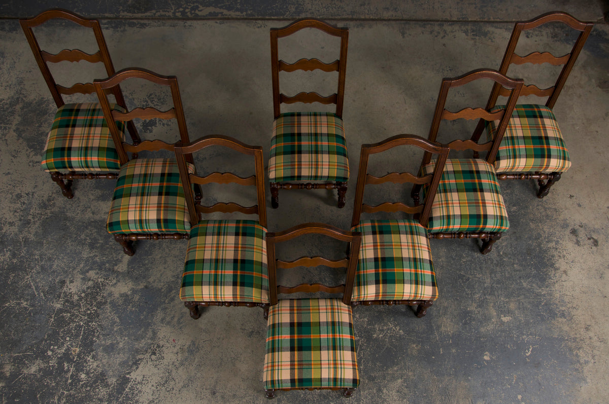 Antique French Louis XIII Style Oak Ladder Back Dining Chairs W/ Plaid Fabric - Set of 8