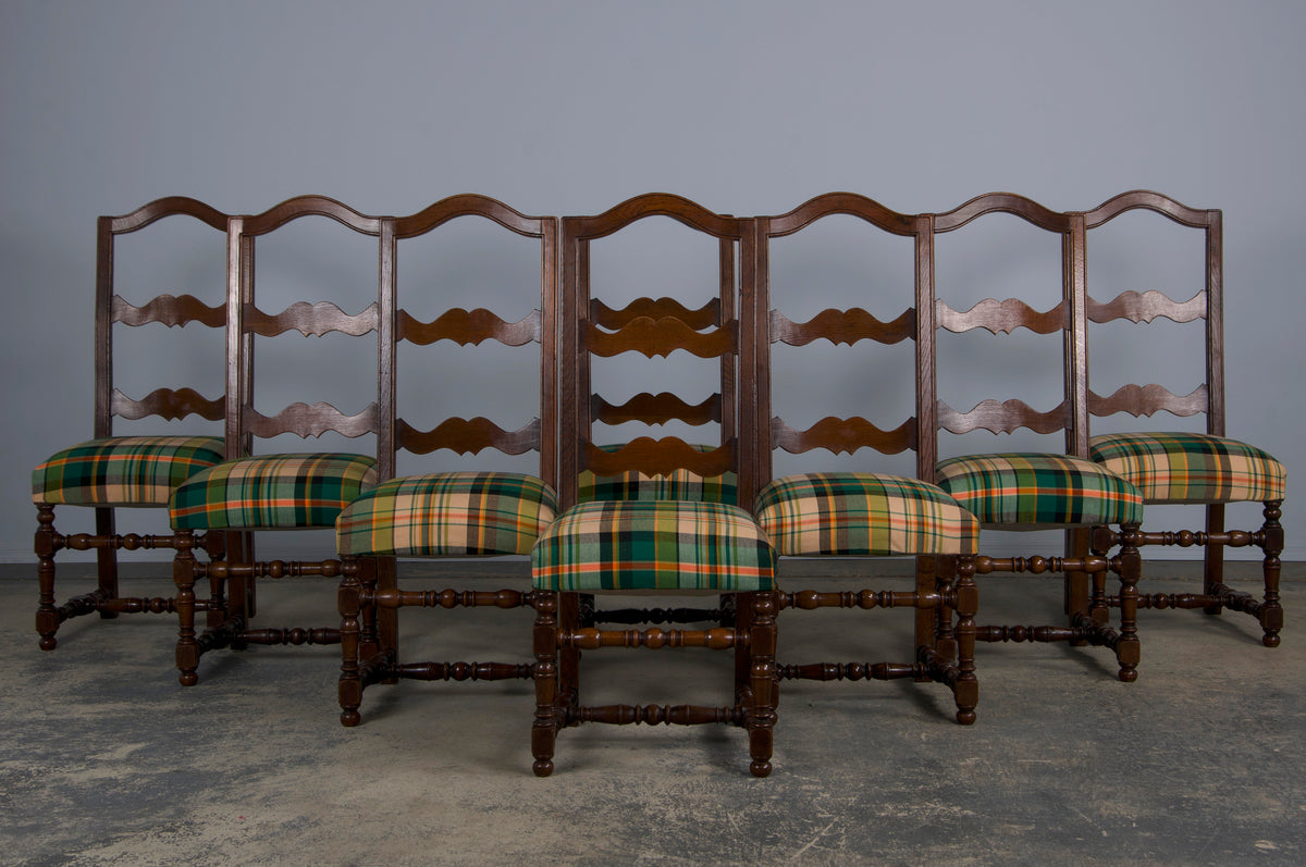 Antique French Louis XIII Style Oak Ladder Back Dining Chairs W/ Plaid Fabric - Set of 8