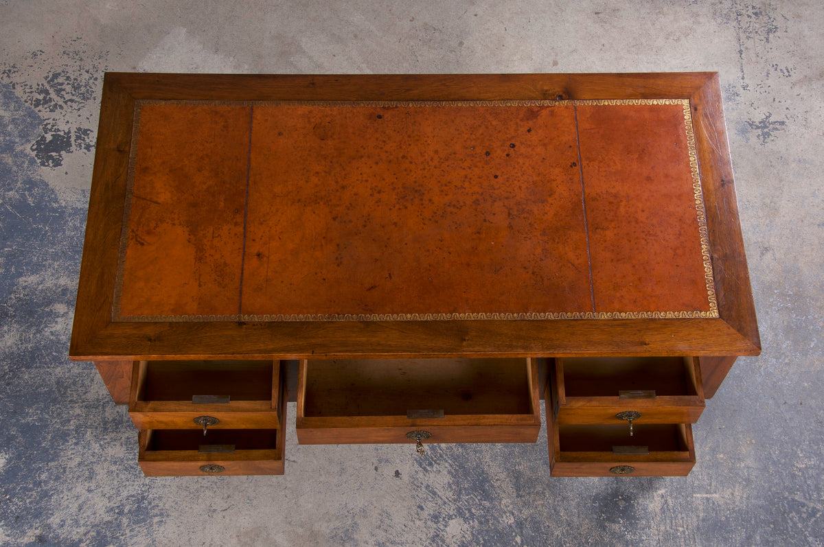 Antique French Empire Style Walnut Writing Desk W/ Brown Leather Top