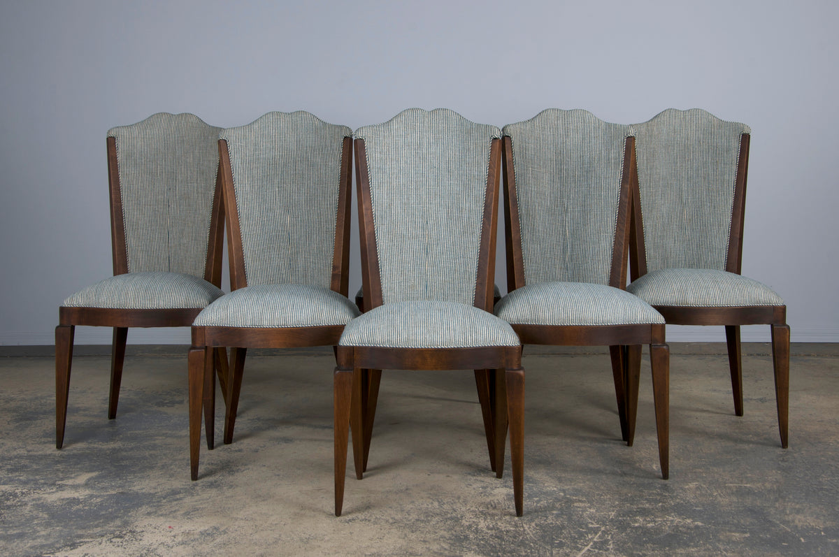 1920s French Art Deco Maple Dining Chairs W/ Striped Blue and White Chenille - Set of 6