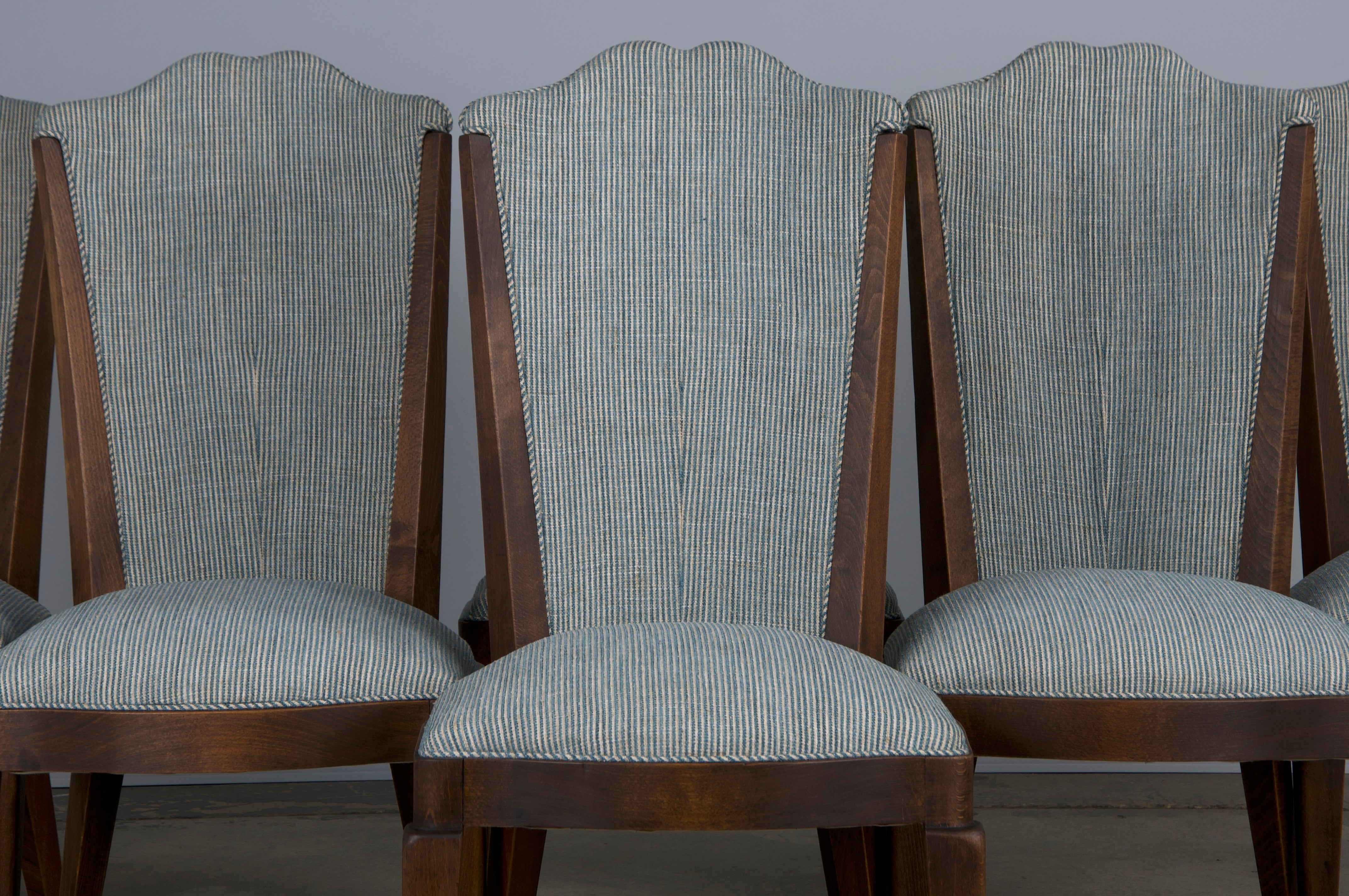 1920s French Art Deco Maple Dining Chairs W/ Striped Blue and White Chenille - Set of 6