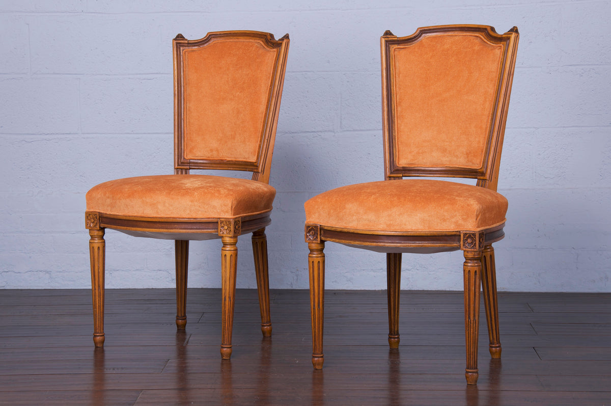Antique French Louis XVI Style Painted Dining Chairs W/ Copper Velvet - Set of 6