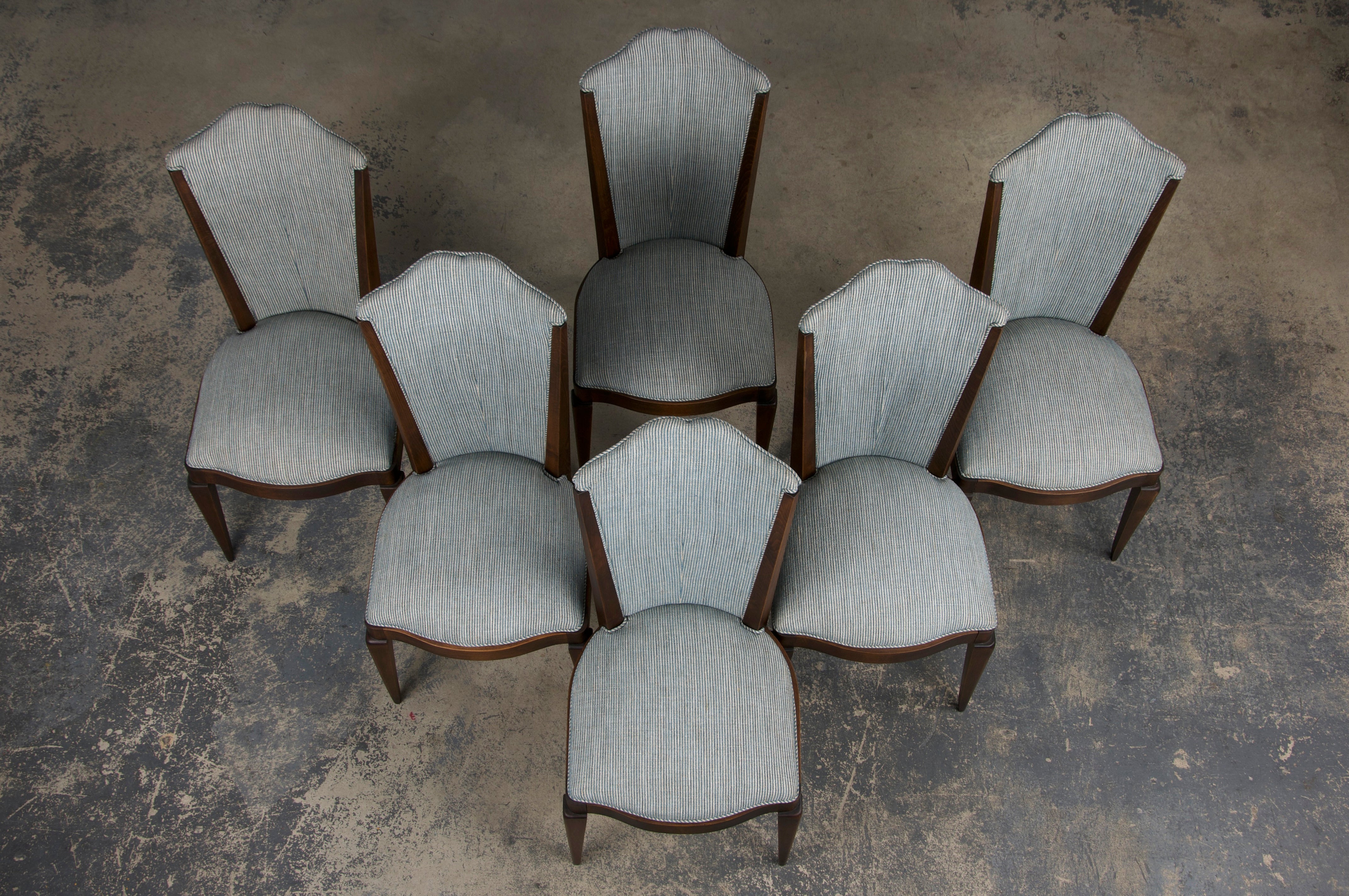 1920s French Art Deco Maple Dining Chairs W/ Striped Blue and White Chenille - Set of 6