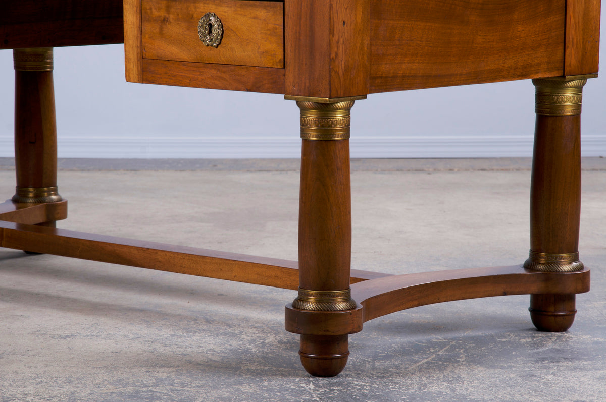 Antique French Empire Style Walnut Writing Desk W/ Brown Leather Top