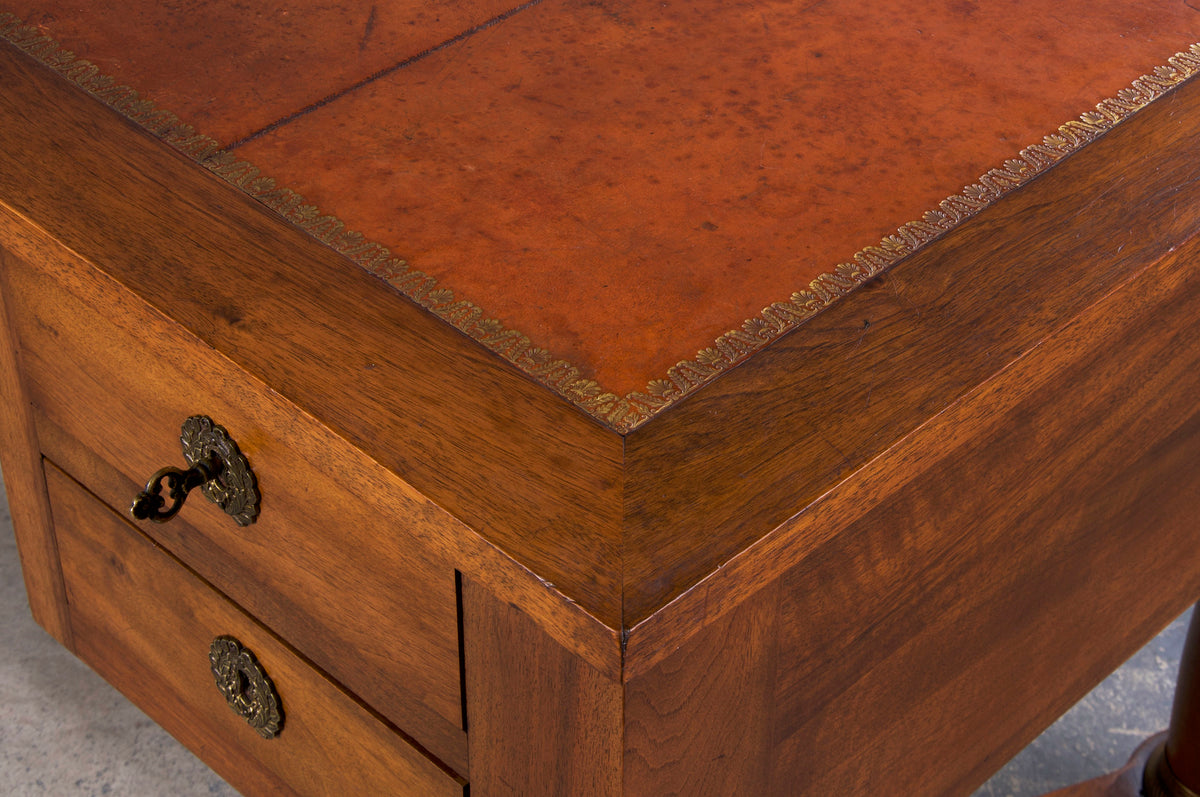 Antique French Empire Style Walnut Writing Desk W/ Brown Leather Top