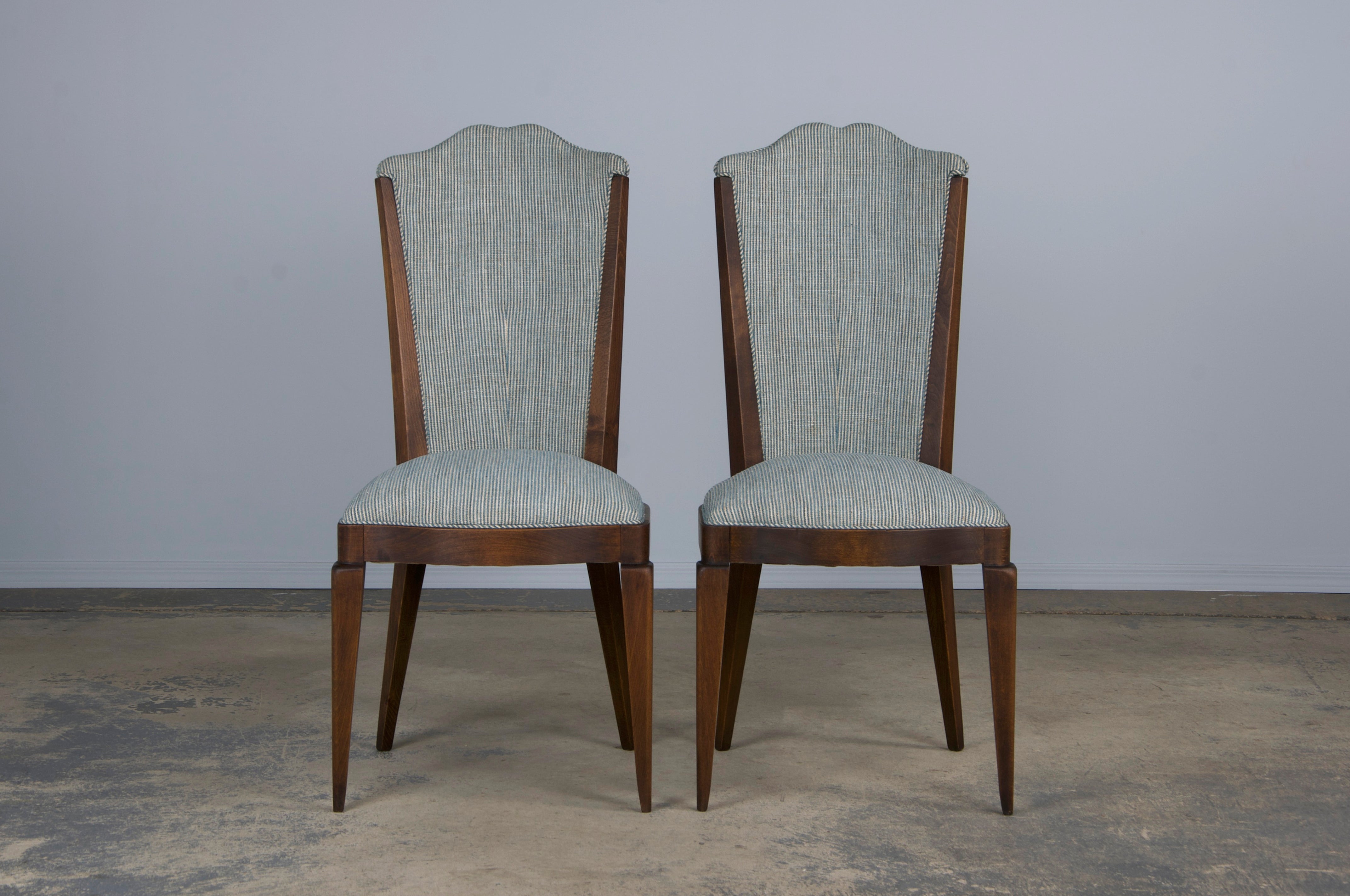 1920s French Art Deco Maple Dining Chairs W/ Striped Blue and White Chenille - Set of 6