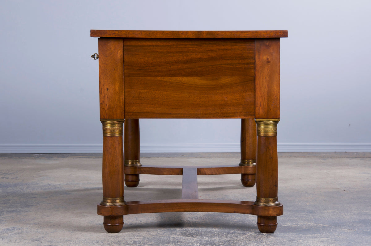 Antique French Empire Style Walnut Writing Desk W/ Brown Leather Top