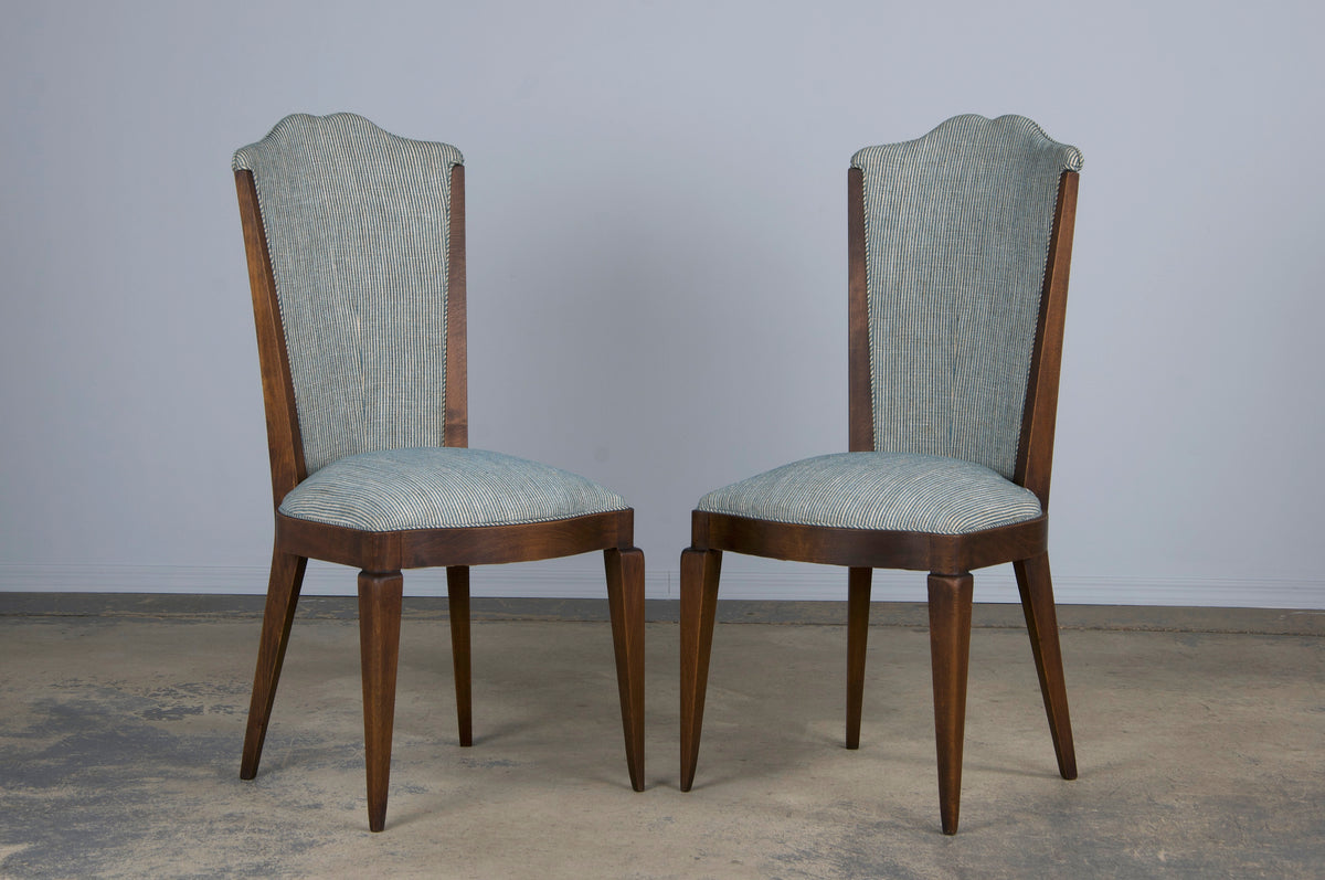 1920s French Art Deco Maple Dining Chairs W/ Striped Blue and White Chenille - Set of 6