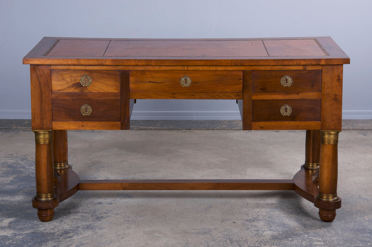 Antique French Empire Style Walnut Writing Desk W/ Brown Leather Top