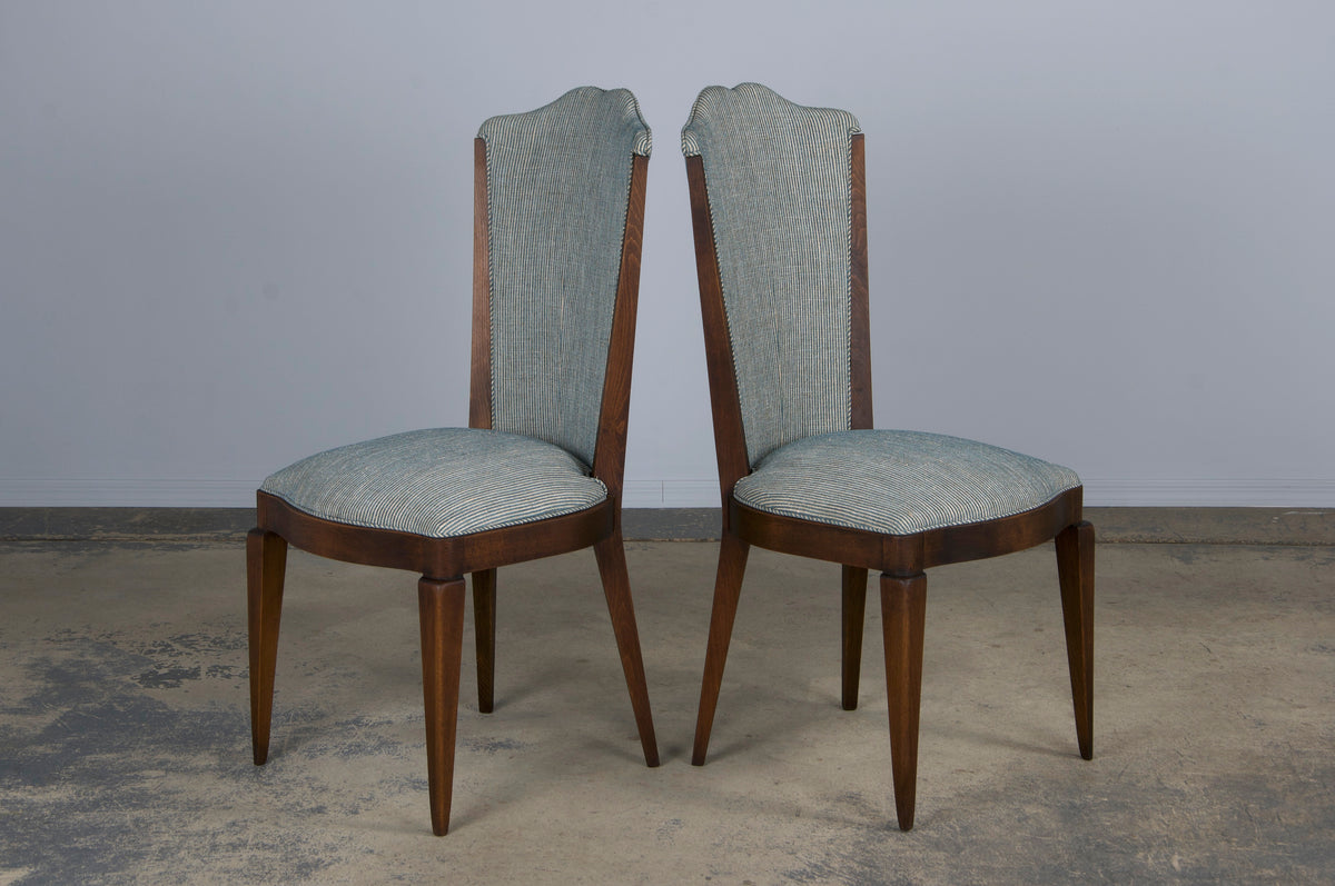 1920s French Art Deco Maple Dining Chairs W/ Striped Blue and White Chenille - Set of 6