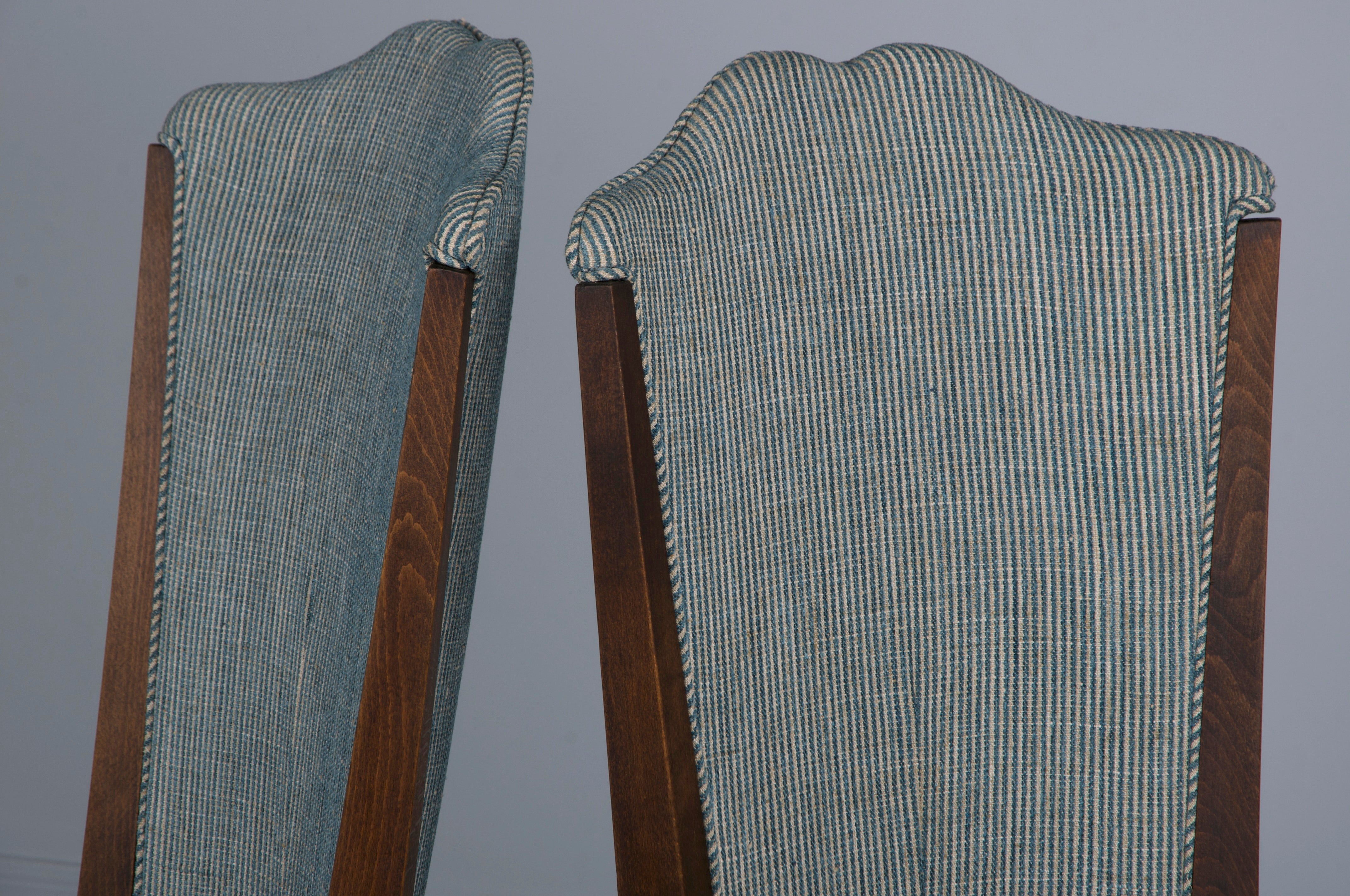 1920s French Art Deco Maple Dining Chairs W/ Striped Blue and White Chenille - Set of 6