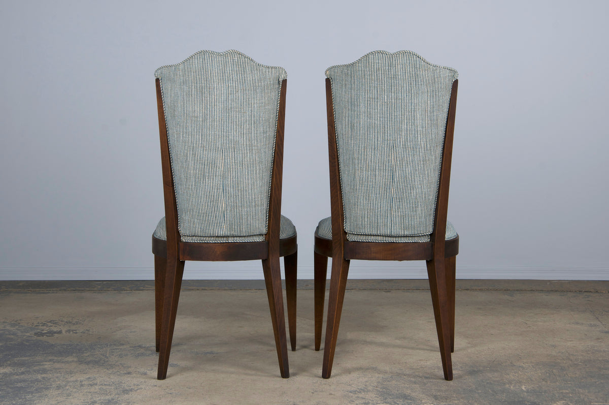 1920s French Art Deco Maple Dining Chairs W/ Striped Blue and White Chenille - Set of 6