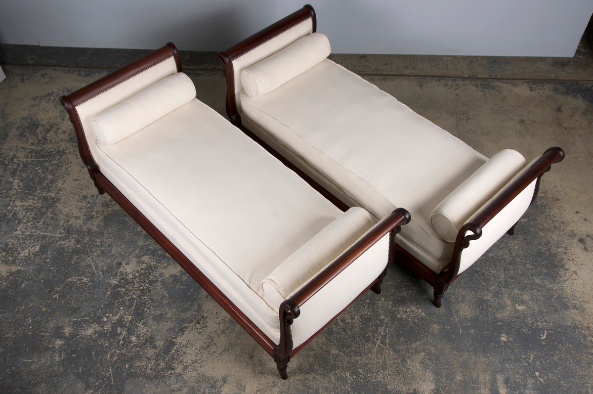 Antique French Empire Swan Neck Mahogany Daybeds W/ Cream Woven Fabric - A Pair