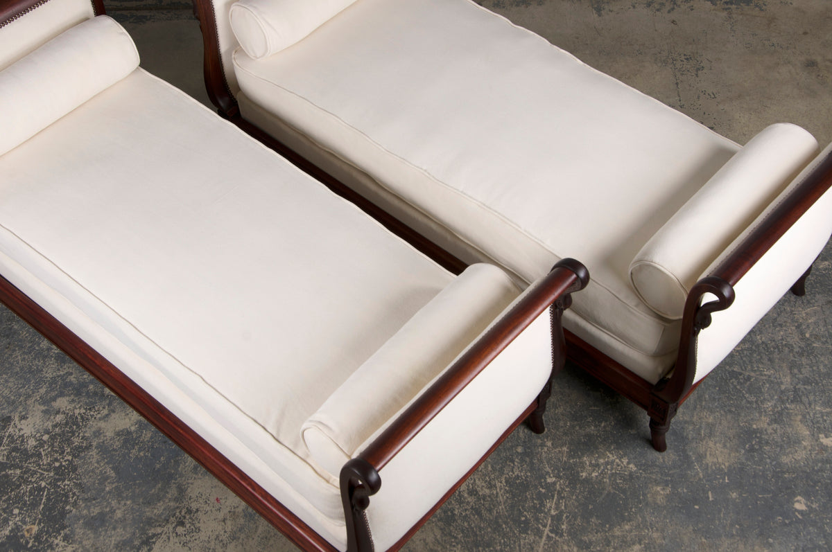 Antique French Empire Swan Neck Mahogany Daybeds W/ Cream Woven Fabric - A Pair