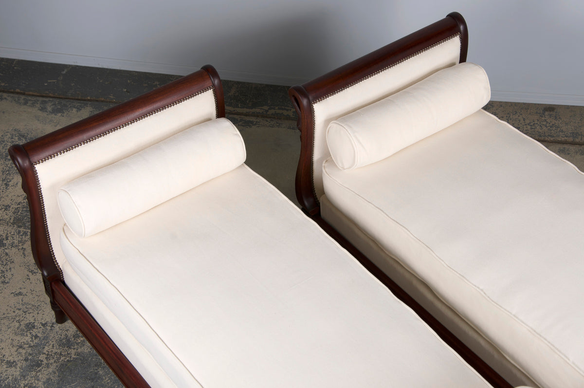 Antique French Empire Swan Neck Mahogany Daybeds W/ Cream Woven Fabric - A Pair