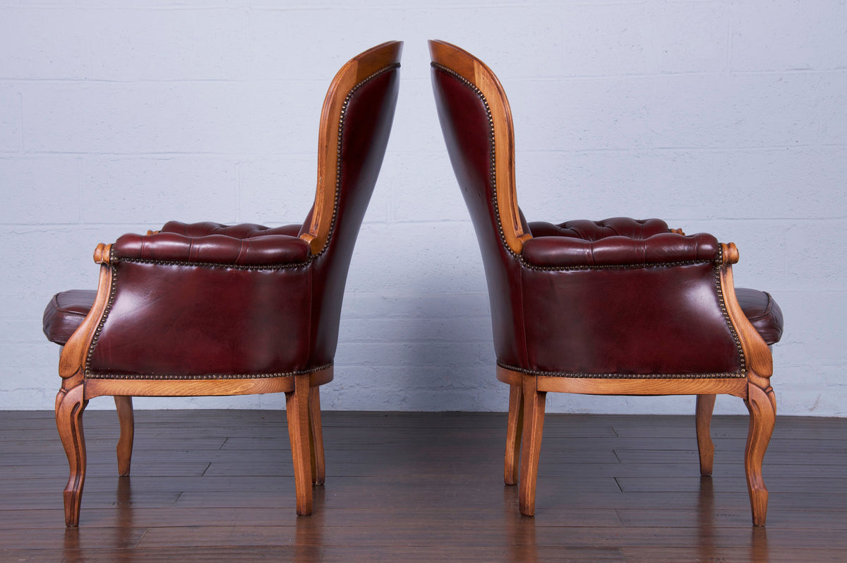 Antique French Louis XV Style Maple Armchairs W/ Buttoned Burgundy Leather