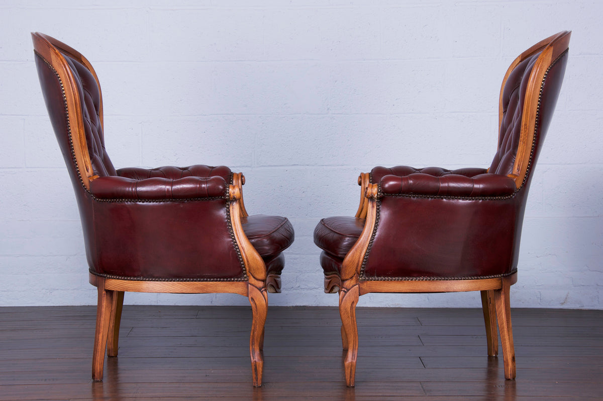 Antique French Louis XV Style Maple Armchairs W/ Buttoned Burgundy Leather