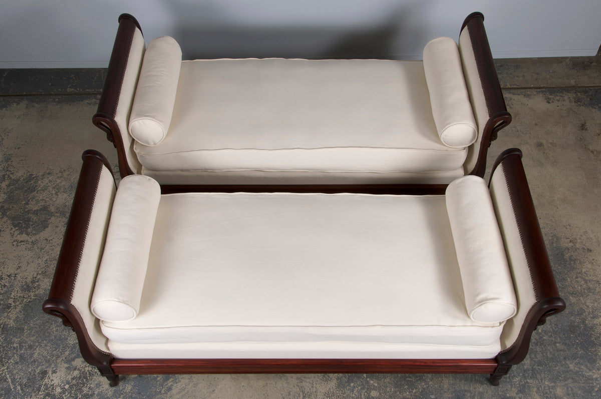 Antique French Empire Swan Neck Mahogany Daybeds W/ Cream Woven Fabric - A Pair