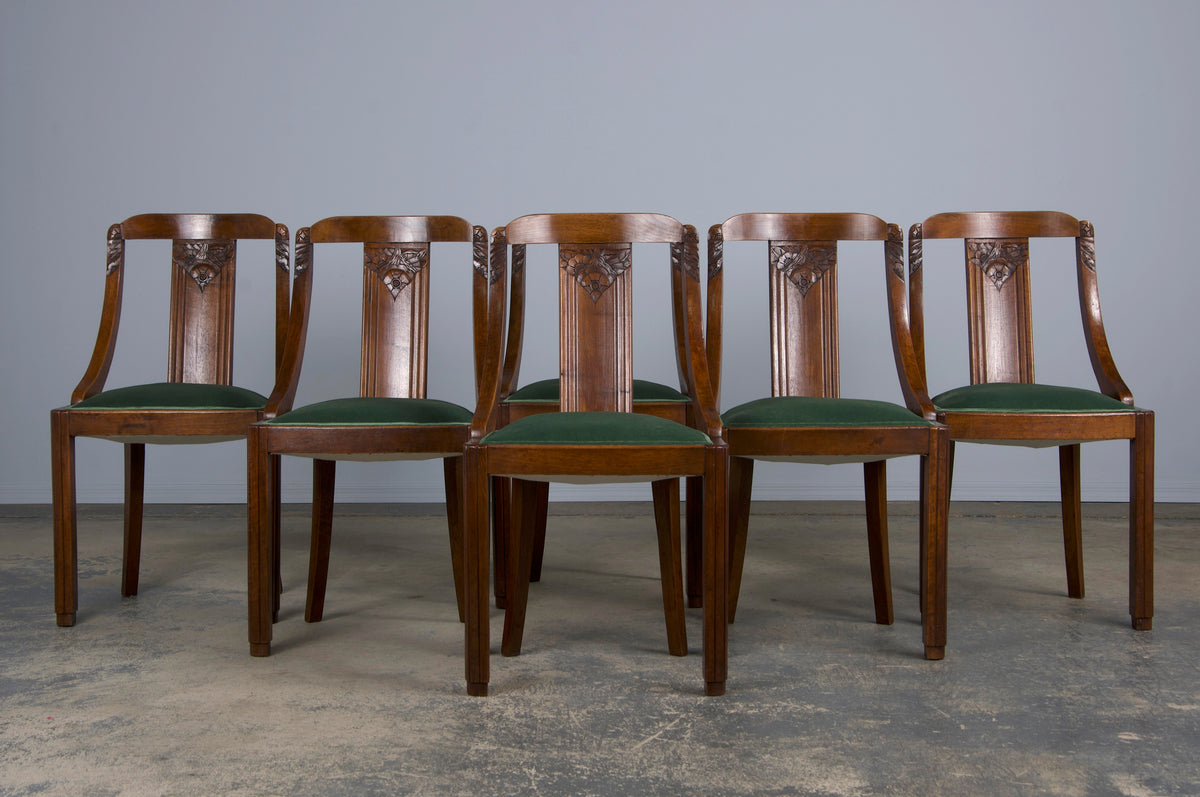 1930s French Art Deco Gondola Walnut Dining Chairs W/ Dark Green Velvet - Set of 6