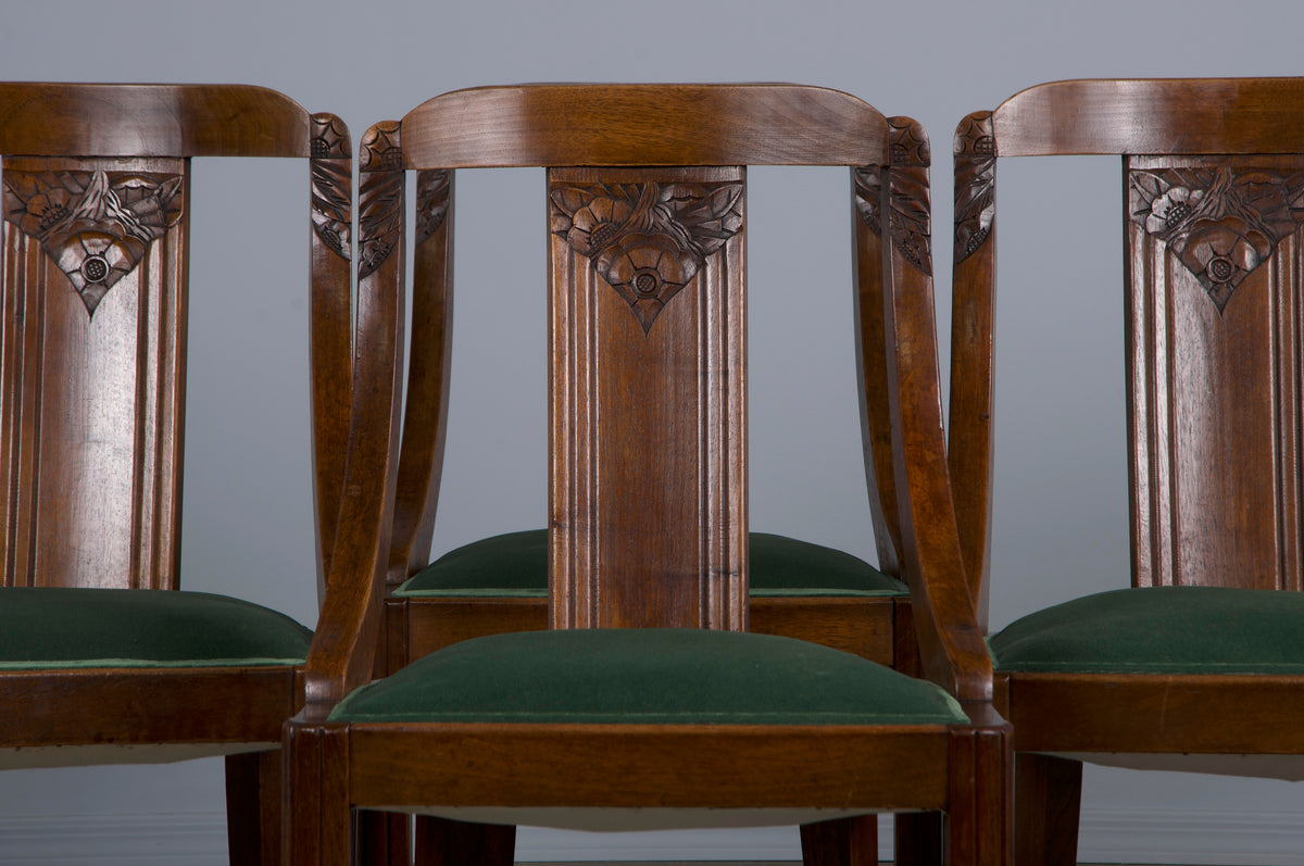 1930s French Art Deco Gondola Walnut Dining Chairs W/ Dark Green Velvet - Set of 6