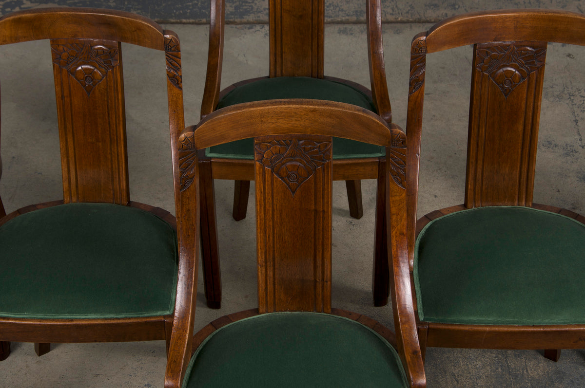 1930s French Art Deco Gondola Walnut Dining Chairs W/ Dark Green Velvet - Set of 6