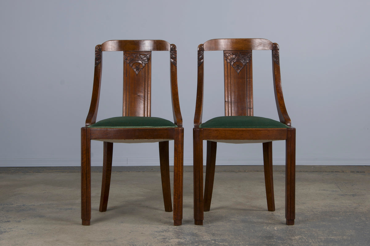 1930s French Art Deco Gondola Walnut Dining Chairs W/ Dark Green Velvet - Set of 6