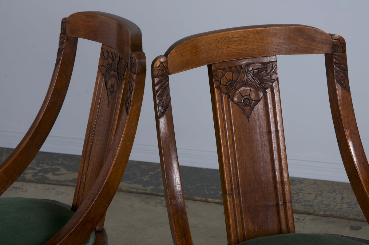 1930s French Art Deco Gondola Walnut Dining Chairs W/ Dark Green Velvet - Set of 6