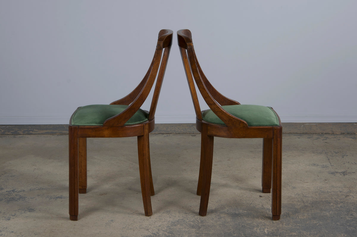 1930s French Art Deco Gondola Walnut Dining Chairs W/ Dark Green Velvet - Set of 6