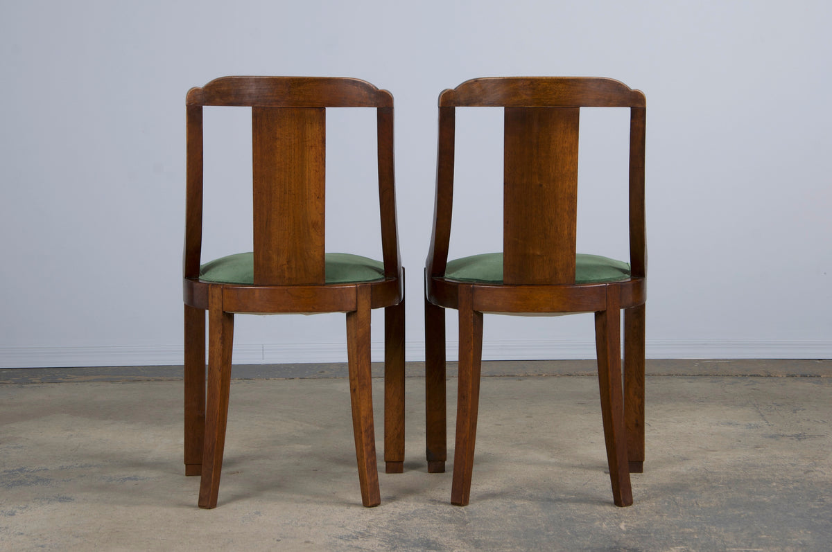 1930s French Art Deco Gondola Walnut Dining Chairs W/ Dark Green Velvet - Set of 6