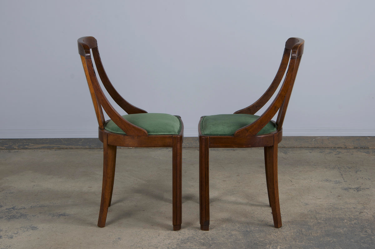 1930s French Art Deco Gondola Walnut Dining Chairs W/ Dark Green Velvet - Set of 6