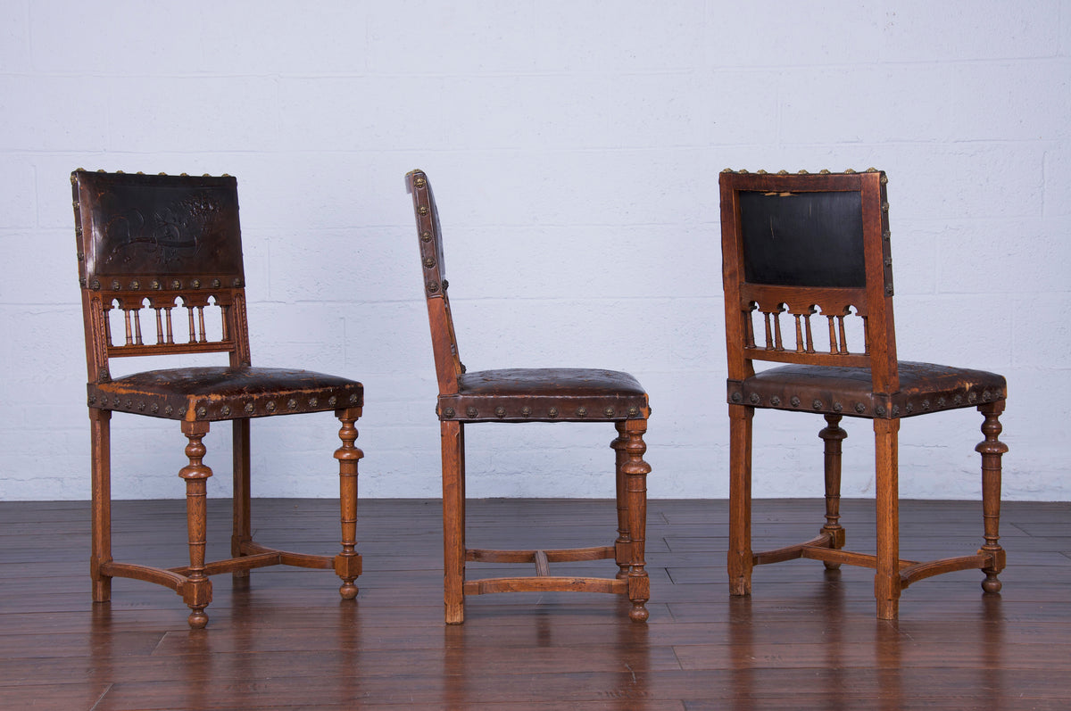 Antique French Renaissance Henry II Style Oak and Leather Dining Chairs - Set of 12