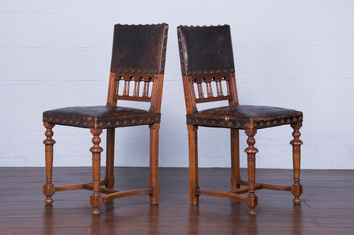 Antique French Renaissance Henry II Style Oak and Leather Dining Chairs - Set of 12