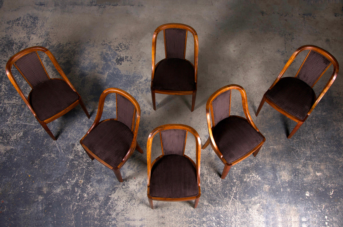 1930s French Art Deco Gondola Walnut Dining Chairs W/ Striped Brown Velvet - Set of 6