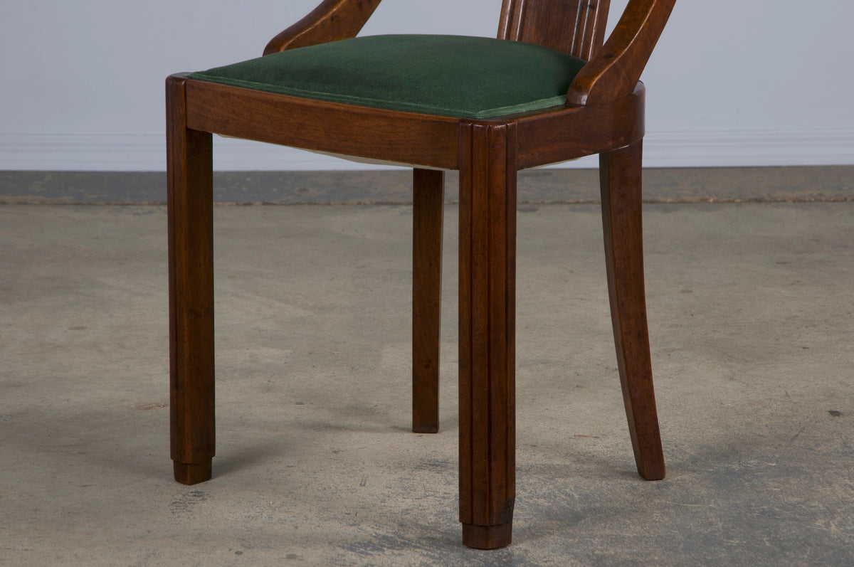 1930s French Art Deco Gondola Walnut Dining Chairs W/ Dark Green Velvet - Set of 6