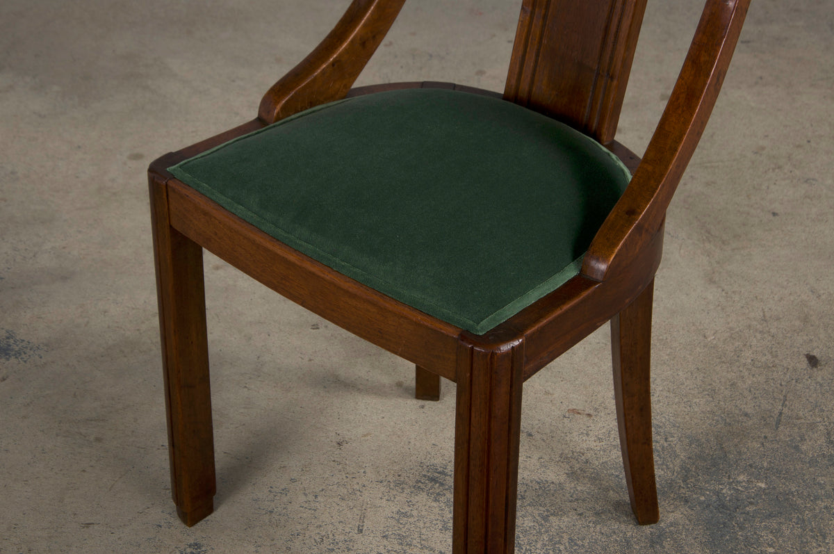 1930s French Art Deco Gondola Walnut Dining Chairs W/ Dark Green Velvet - Set of 6